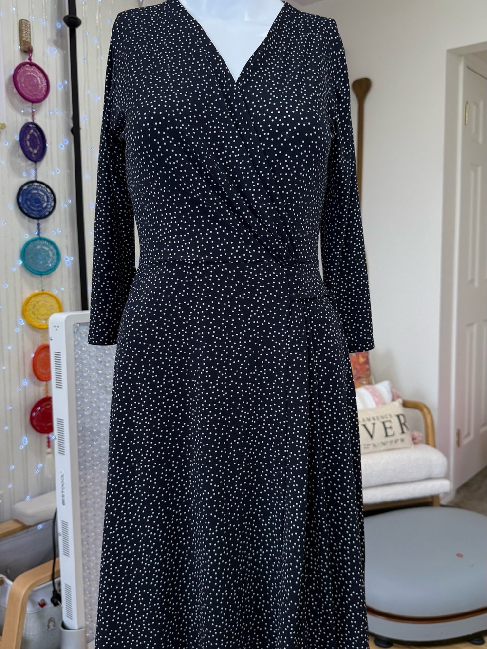 Black Polka Dot Long-Sleeve Wrap Midi Dress